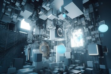A Futuristic Abstract Background With Cubes And Circles In Blue And Black Factory Constructivism Motion Graphics Generative AI