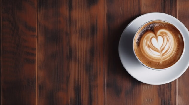 Hot Cappuccino coffee with heart art floating on top on wooden background. Coffee break at retro style coffee shop,t op view. empty space. generative ai