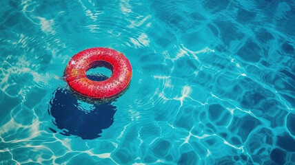 Water pool summer background with red floating ring. Summer sea waves background