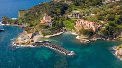 Aerial view of the Gaiola beach. It is located within the Underwater Park of Gaiola, a protected marine reserve, in the Posillipo district, in Naples, Italy. It overlooks the Tyrrhenian Sea.