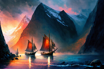 viking boats on the sea