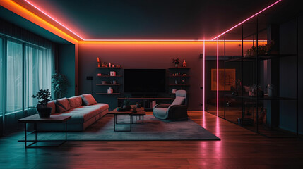 Modern living room with neon lighting. Generative AI.
