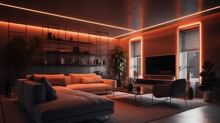 Modern living room with neon lighting. Generative AI.