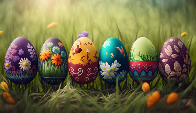 A collection of painted easter eggs celebrating a Happy Easter on a spring day