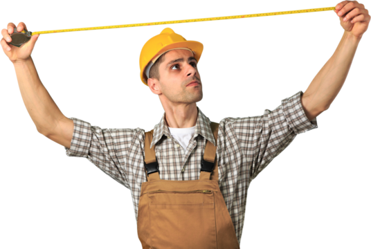 Serious Male Construction Worker in uniform using measuring tape