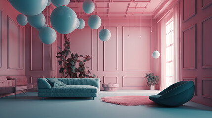 Modern living room with pastel colour. Generative AI.