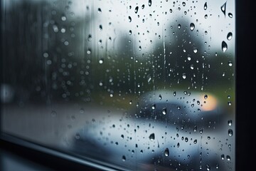 Raindrops on a windowpane on a grey, rainy day, showcasing the beauty and serenity of nature from the indoors - Generative AI