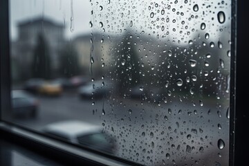 Naklejka na ściany i meble Raindrops on a windowpane on a grey, rainy day, showcasing the beauty and serenity of nature from the indoors - Generative AI