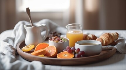 Fototapeta na wymiar Illustration with healthy breakfast on tray in cozy bed. Morning indoor bedchamber background with copy space. AI generative image.