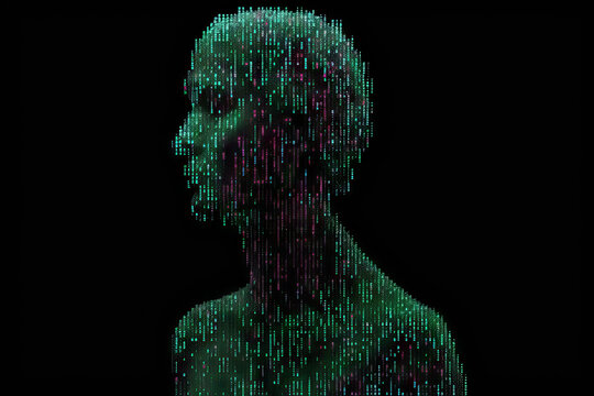 Creative generative AI illustration of unrecognizable person created with neural network wires against black background