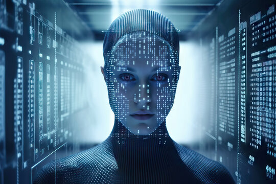 Generative AI illustration of unrecognizable female with glowing network wires on face and body standing in futuristic tunnel