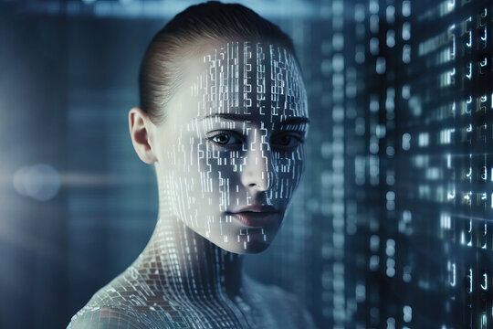 Generative AI picture of unemotional computer woman with circuit board ornament on face and body standing near digital board in futuristic room