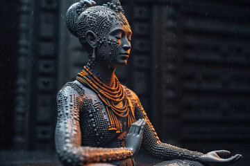 Generative AI image of praying Buddhist woman with jewelries and closed eyes in futuristic style under rain