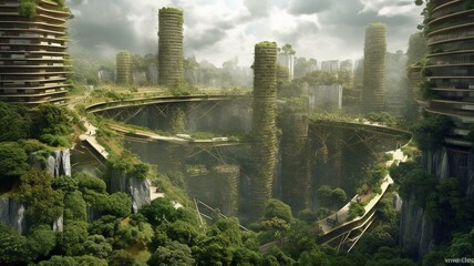 Naklejka premium The green future city. The future city. city and nature living in harmony. In the major city, it is sunny. The AI Generative