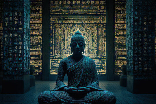 Generative AI illustration of gray Buddha statue with closed eyes and crossed legs in background of illuminated walls