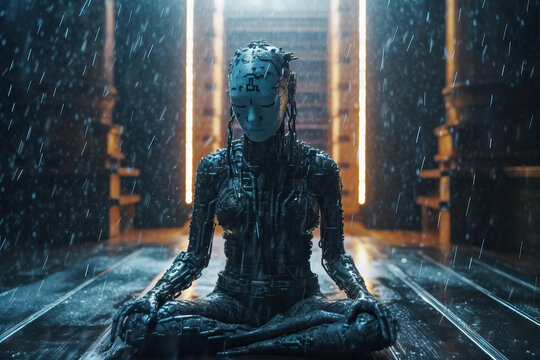 Generative AI image full body of female robot sitting with closed eyes and crossed legs in background of glowing lights during rain