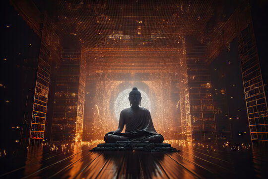 Generative AI image of meditating Buddha statue with orange neon lights in digital dark tunnel