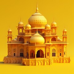 3d illustration golden, Taj Mahal, India,  on yellow bright background