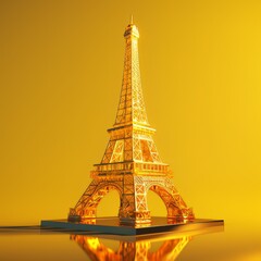 3d illustration golden, Eiffel Tower, Paris France on yellow bright background