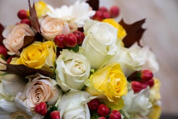 Closeup of a bouquet with colorful roses