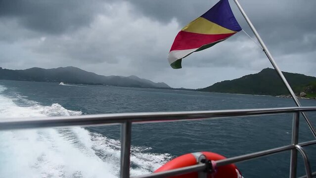 Ferry boat ride in Seychelles on a cloudy day