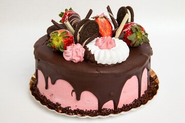 Closeup shot of a strawberry chocolate cake with different sweets on the top