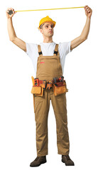 Serious Male Construction Worker in uniform using measuring tape