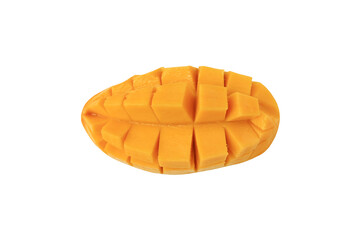 Ripe golden mango sliced with cubes isolated on white background. Yellow Barracuda mango. Tropical fruit in thailand.