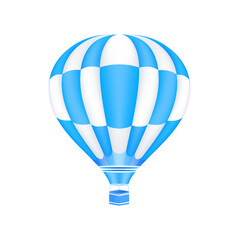 Obraz premium Hot air balloon blue white stripes. Aerostat isolated on white background. Balloon festival. 3D realistic vector EPS10 illustration.