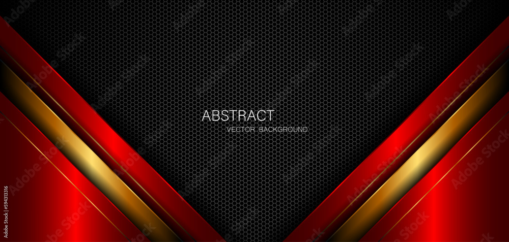Poster Abstract red and gold polygon with golden lines on dark steel mesh background with empty space for design. modern technology innovation concept background	
