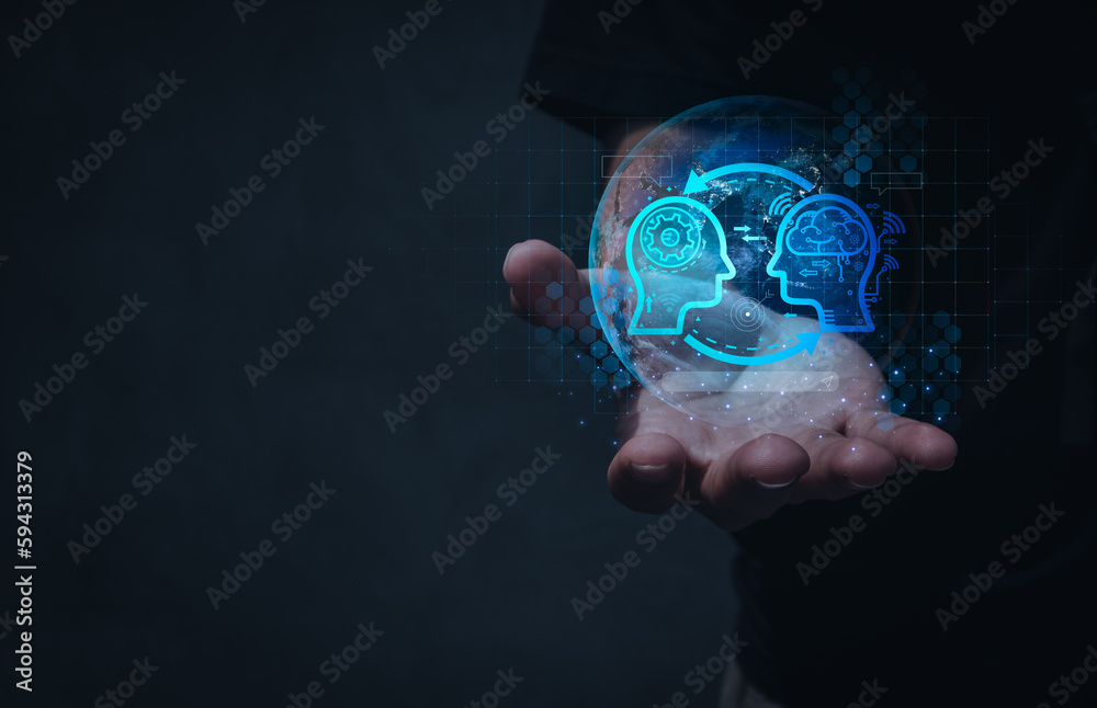 Poster chat with ai bot concept. artificial intelligence chatbot assistant service with machine learning gr