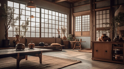 Fototapeta na wymiar Vintage living room with natural wood. Generative AI.