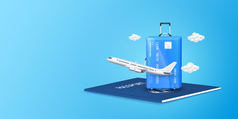 Travel with credit card. Credit card luggage blue on passport with airplane is taking off. Special privileges buy pay transfer money locally abroad all over the world. Transport concept. 3D Vector. - obrazy, fototapety, plakaty