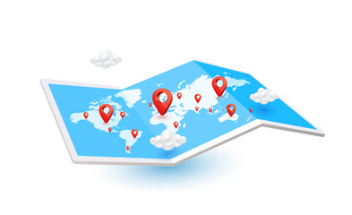 Positioning pins red on world map paper blue. Isolated on white background. Travel transport concept. 3D Vector EPS10. For advertising media about tourism.
