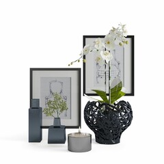 3D rendering of framed pictures behind vases with white flowers and a candle on a white background.