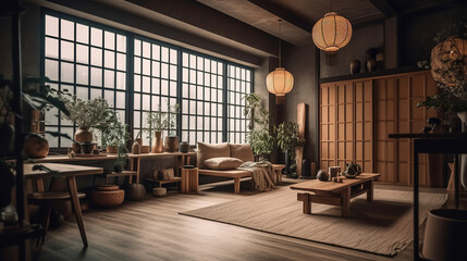 Vintage living room with natural wood. Generative AI.