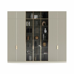 3D rendering of a modern cabinet with bookshelves, vases, and other decor on white background