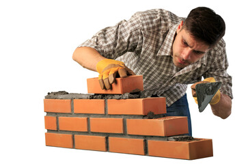 Man worker installing brick masonry wall with a trowel