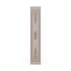 3D rendering of narrow door with oriental ornaments in brown and beige on white bakground