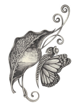 Art fantasy surreal nature and butterfly skull.Hand drawing on paper.