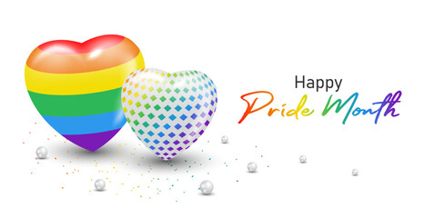 Happy pride month LGBTQ template and background with 3d rainbow heart minimalist style.