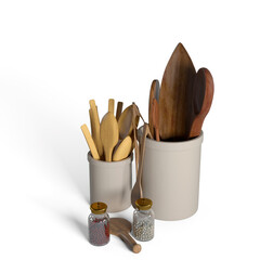 Closeup shot of wooden spatula sets in pots and peppers in glass jars on a white background
