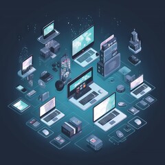 Illustration Cloud technology, computing. Devices connected to digital storage in the data center via the Internet, IOT, Smart Home Communication. Generative AI