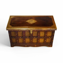 Closeup shot of a decorated wooden box with a golden lock on a white background