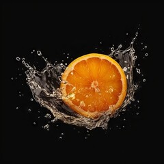 Orange fruits slice with water splash, black background. Generated ai