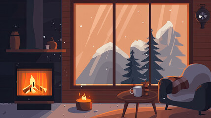 Cozy winter scene with fireplace and hot cocoa and winter related things