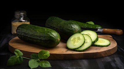 Fresh Cucumber on a wooden chopping board, Generative AI