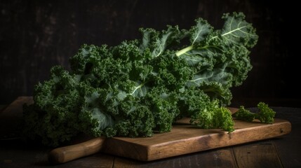 Fresh kale on a wooden chopping board, Generative AI