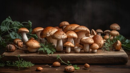 Fresh Mushrooms on a wooden chopping board, Generative AI