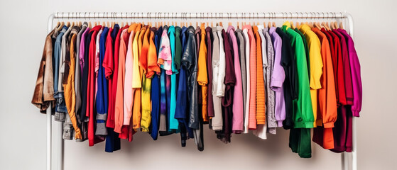 Fashion clothes on clothing rack - bright colorful closet. Closeup of rainbow color choice of trendy female wear on hangers in store closet or spring cleaning concept. Summer home wardrobe.  - obrazy, fototapety, plakaty